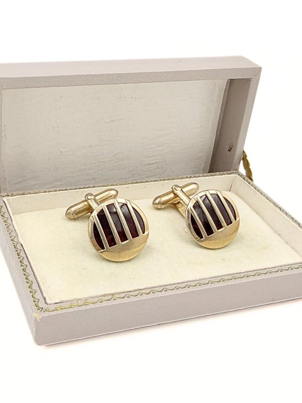 Swank Signed MCM Screen Cranberry Red Glass Art Deco Gold Plate Modern Cufflinks